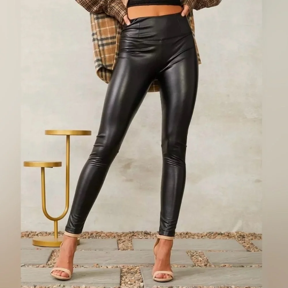 Shinestar Faux Vegan Leather Full Length Leggings Black Size XS - Picture 1 of 13